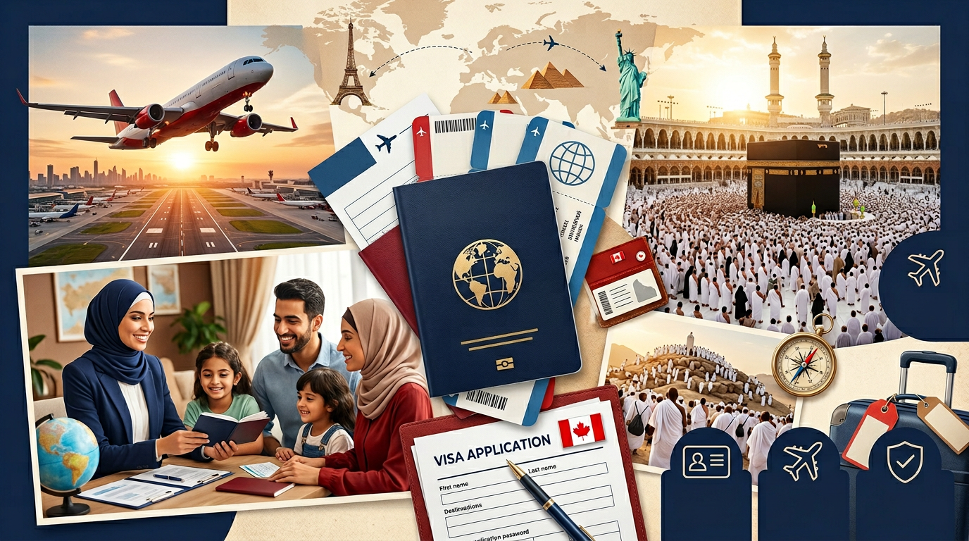 Travel collage showing flights, visa, passport, Hajj and Umrah, and money transfer services